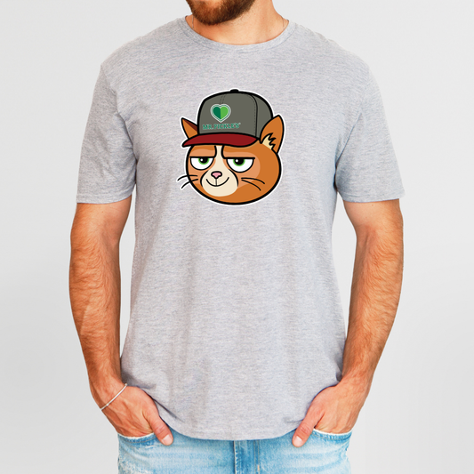 Person wearing a gray t-shirt with a cartoon cat design on a plain background