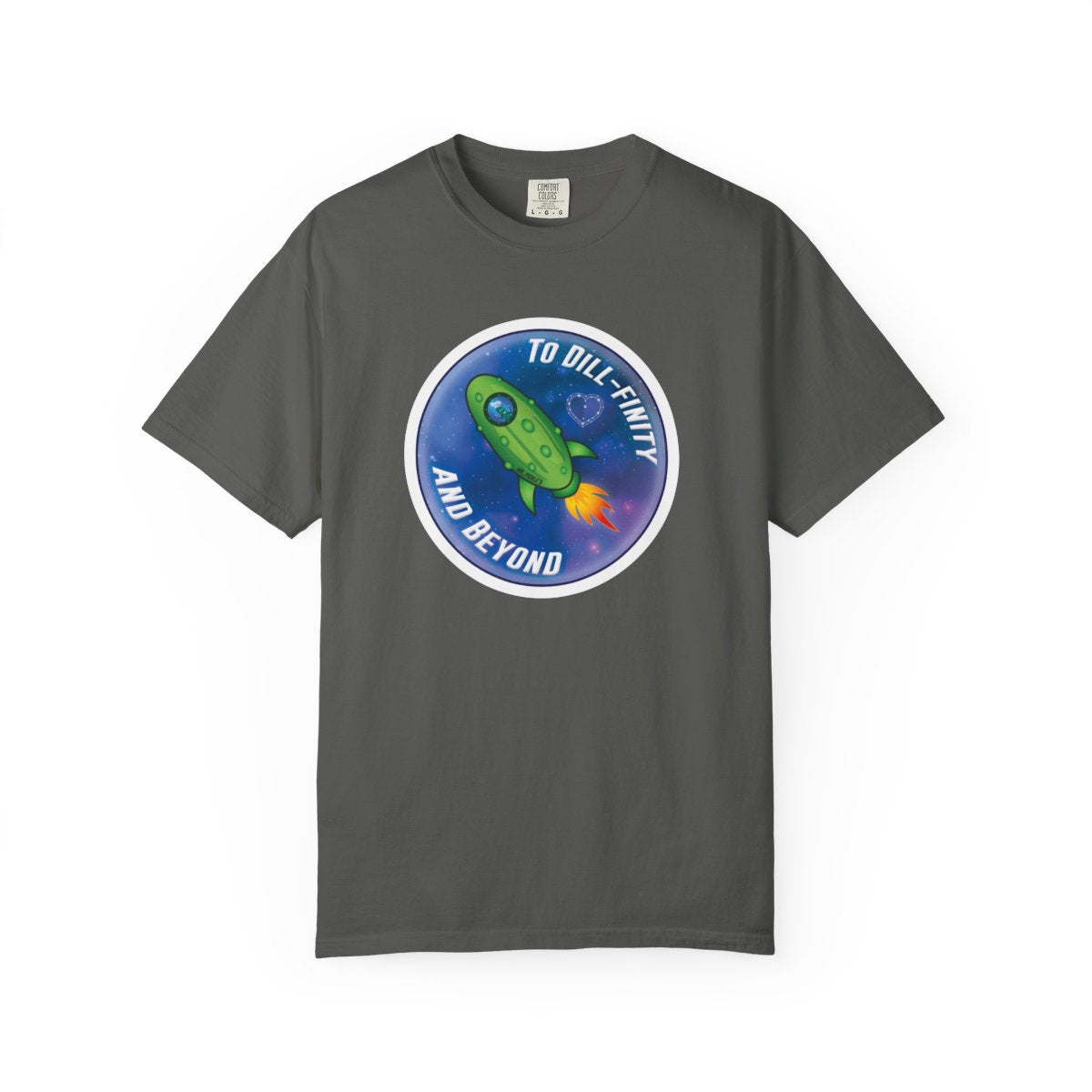 Gray t-shirt with a space-themed graphic and text on a white background