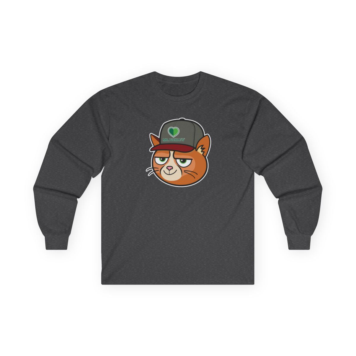 Dark gray long-sleeve shirt with a cartoon cat wearing a cap on a white background