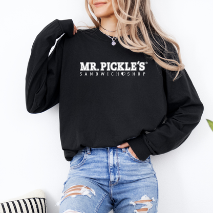 Person wearing a black sweatshirt with 'MR. PICKLE'S SANDWICH SHOP' text on a white background
