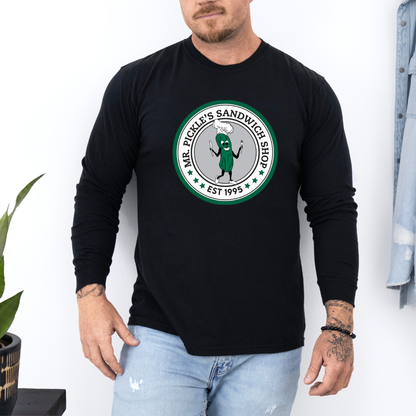 Person wearing a black long-sleeve shirt with a pickle-themed logo on a white background