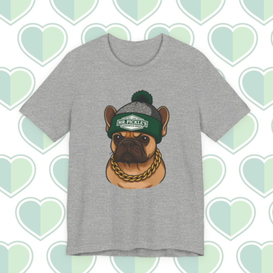 Gray t-shirt with a dog graphic wearing a green beanie and gold chain on a heart-patterned background