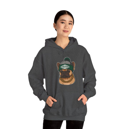 Person wearing a gray hoodie with a dog graphic on a white background