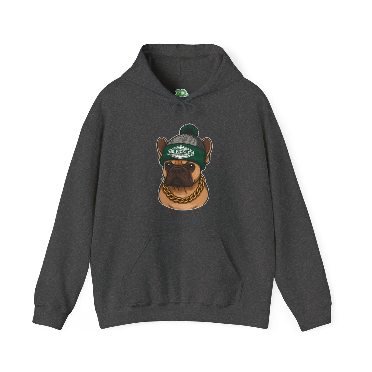 Dark gray hoodie with a dog graphic wearing a green beanie on a white background