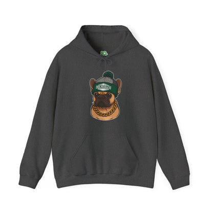 Dark gray hoodie with a dog graphic wearing a green beanie on a white background