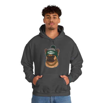 Person wearing a dark gray hoodie with a graphic of a dog wearing a green cap on a white background