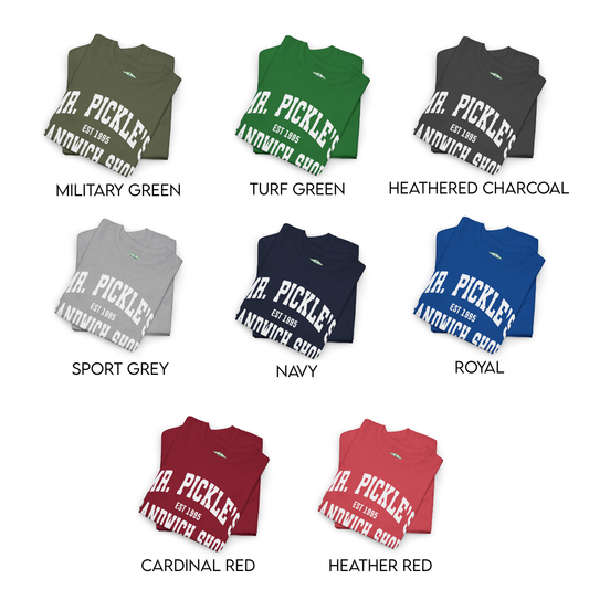 Collection of sleeveless shirts in various colors with 'Mr. Pickle's Sandwich Shop' text.