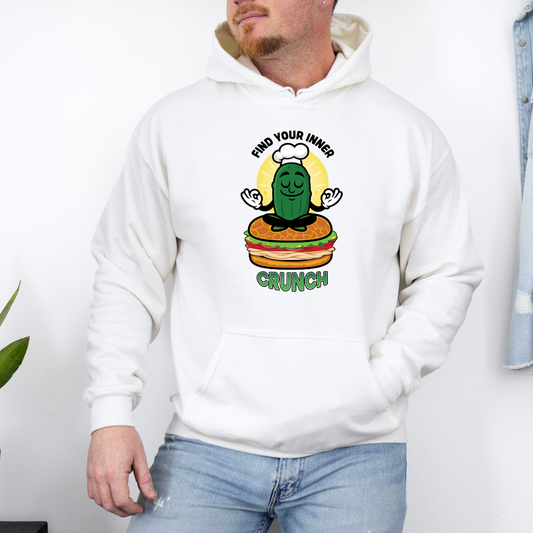 Person wearing a white hoodie with a graphic design on it.