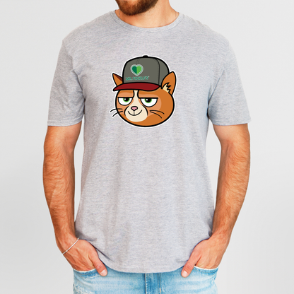 Person wearing a gray t-shirt with a cartoon cat design on a plain background
