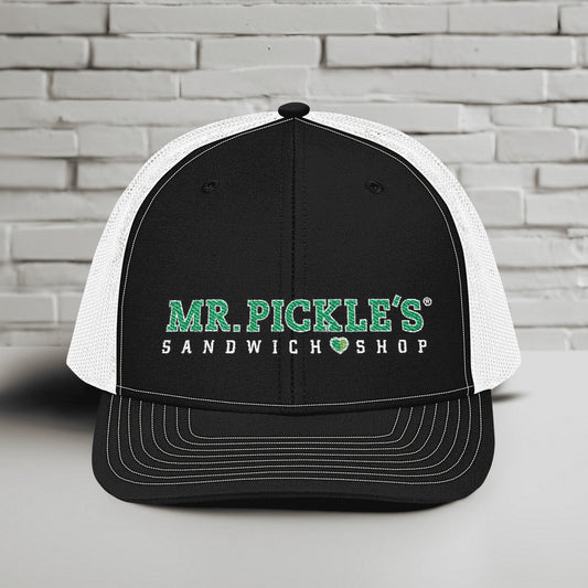 Black and white cap with 'Mr. Pickle's Sandwich Shop' text on a gray brick background