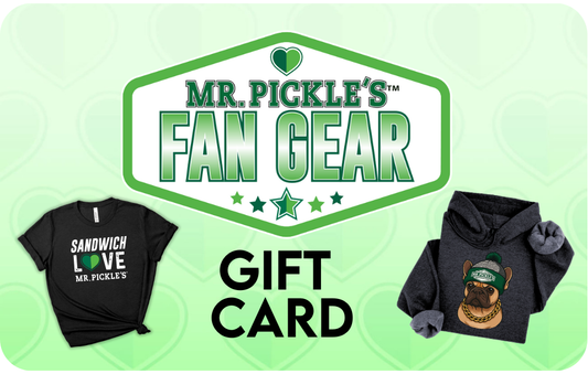 Gift card for Mr. Pickle's Fan Gear with t-shirt and hoodie on a green background