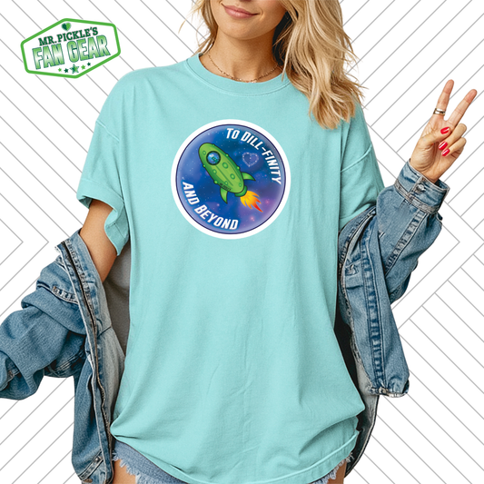 Person wearing a light blue t-shirt with a graphic design and text, standing against a white background.