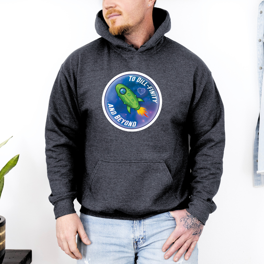 Person wearing a dark gray hoodie with a graphic design on a white background