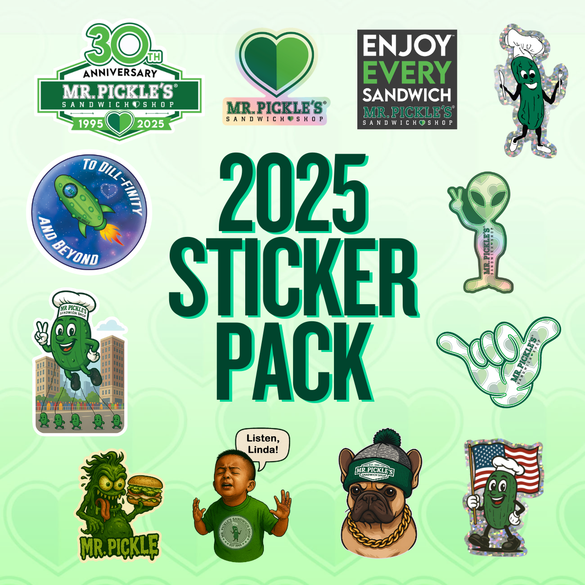 Collection of Mr. Pickle's 2025 sticker pack with various stickers on a light green background.