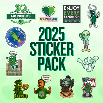 Collection of Mr. Pickle's 2025 sticker pack with various stickers on a light green background.