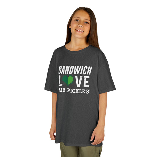 Child wearing a dark gray t-shirt with 'Sandwich Love Mr. Pickle's' text and logo on a white background