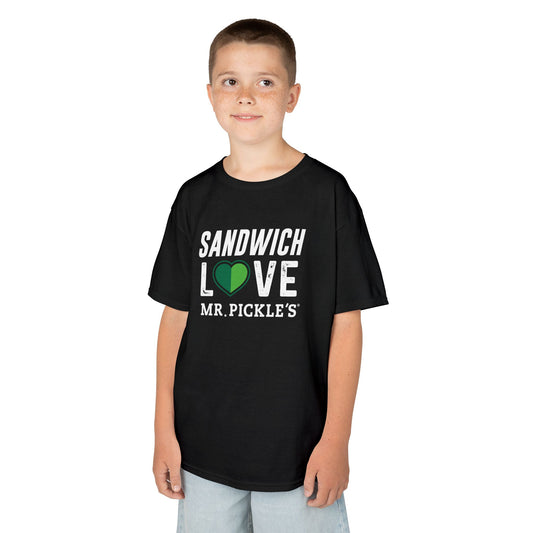 Child wearing a black t-shirt with 'Sandwich Love Mr. Pickle's' text and logo on a white background