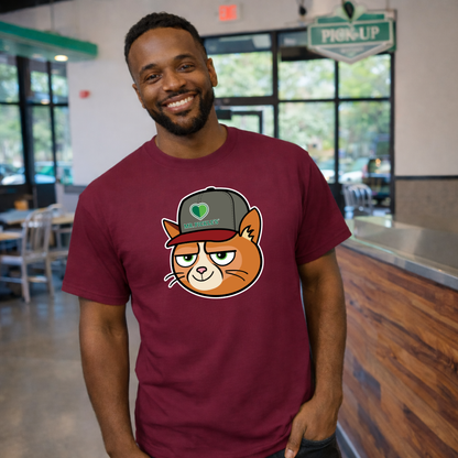 Man wearing maroon shirt with cat wearing a mr pickles hat