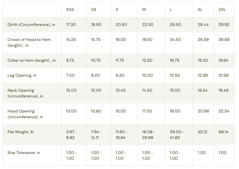 Measurement chart for clothing sizes with various dimensions listed.