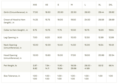 Measurement chart for clothing sizes with various dimensions listed.