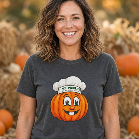 Model wearing Mr. Pickle's October Sticker Comfort Colors T-shirt in Pepper