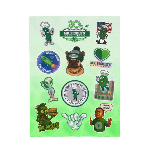 Collection of stickers featuring characters and logos from Mr. Pickle's Sandwich Shop on a green background.