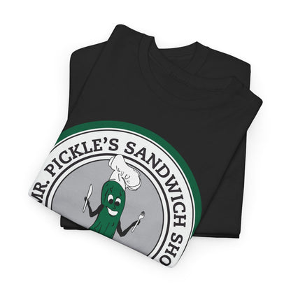 Black t-shirt with 'Mr. Pickle's Sandwich Shop' graphic on a white background