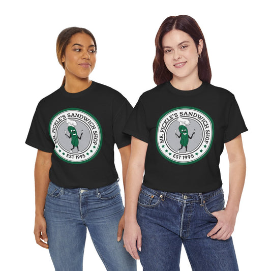 Two people wearing black t-shirts with a pickle-themed logo on a white background
