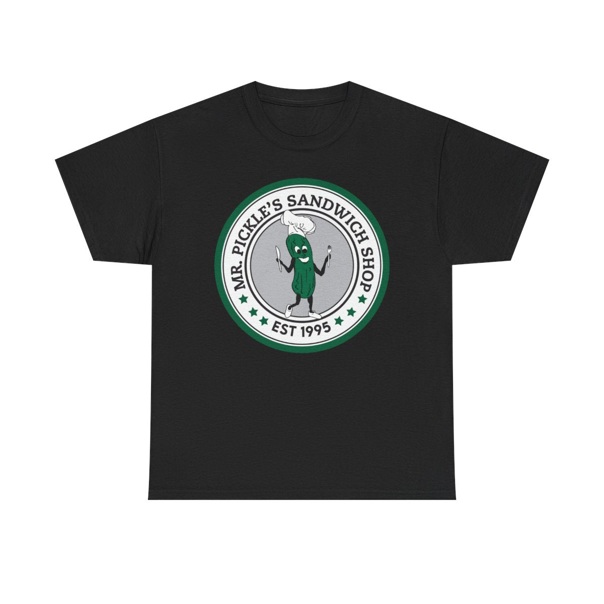 Black t-shirt with a pickle graphic and text on a white background