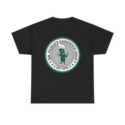 Black t-shirt with a pickle graphic and text on a white background