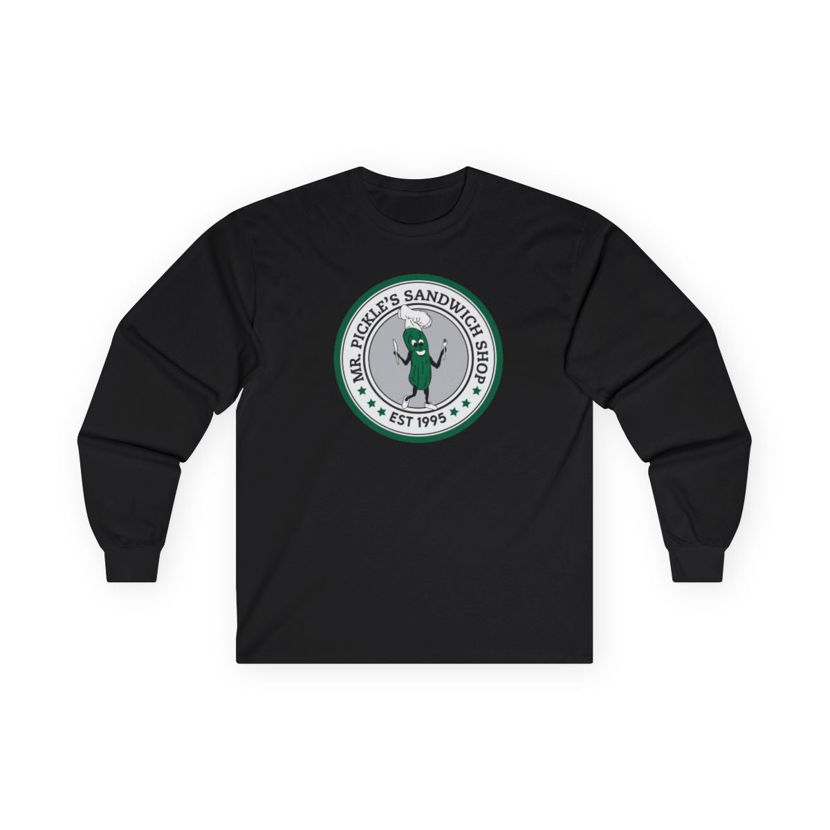 Black long-sleeve shirt with a green and white logo on a white background