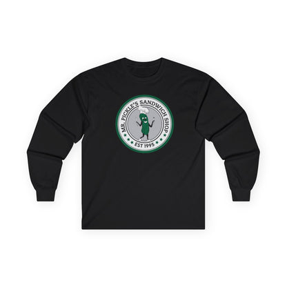 Black long-sleeve shirt with a green and white logo on a white background