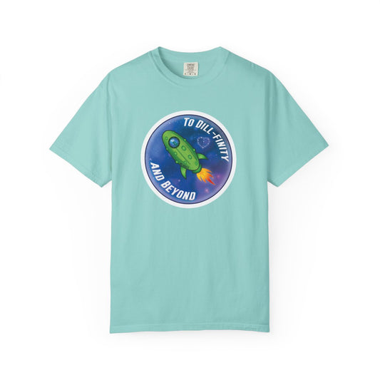 Light blue t-shirt with a space-themed graphic and text on a white background