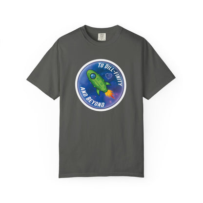 Gray t-shirt with a space-themed graphic and text on a white background