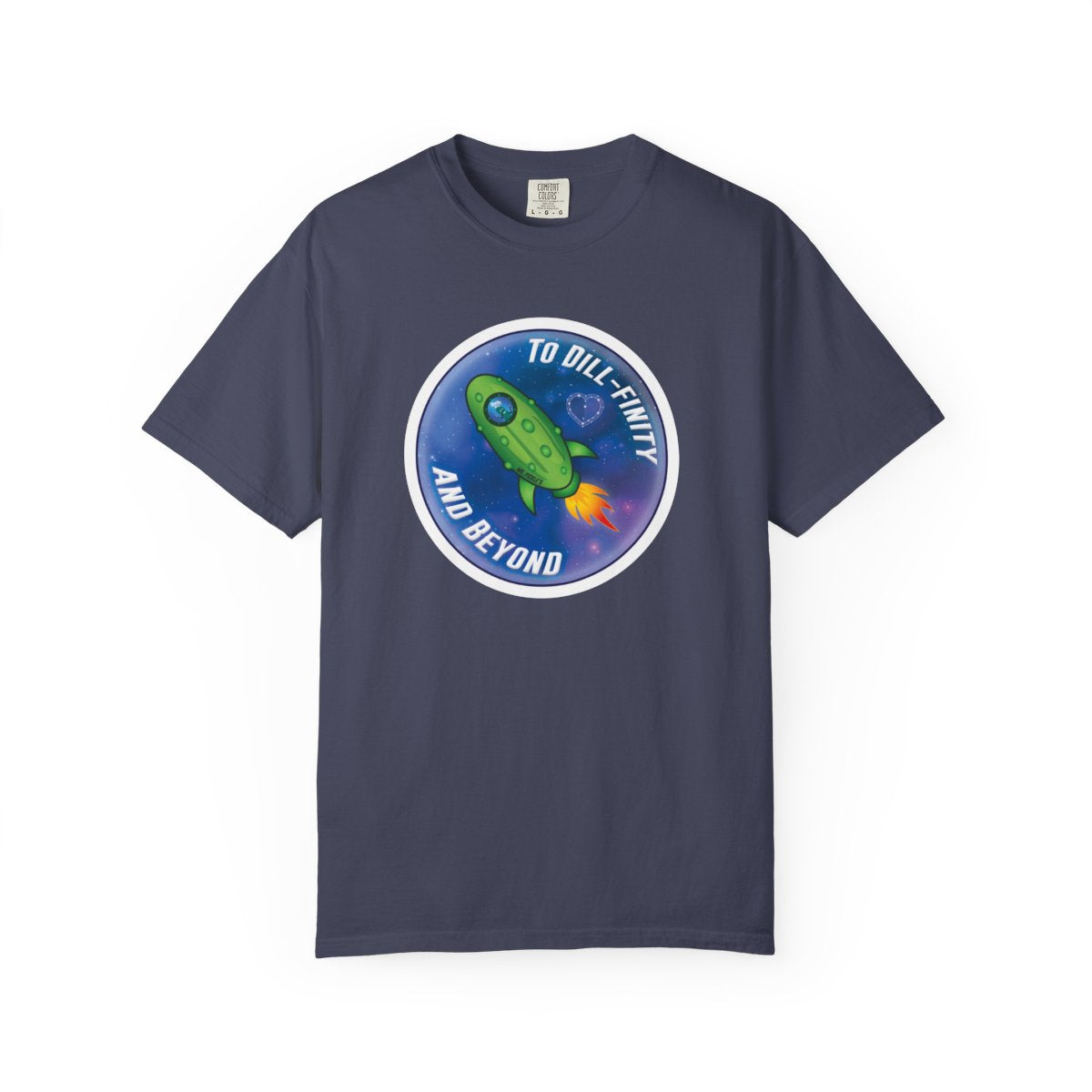 Navy blue t-shirt with a space-themed graphic and text on a white background