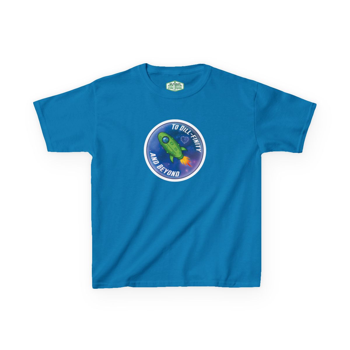 Blue t-shirt with a circular graphic design on a white background