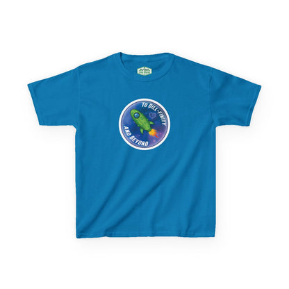 Blue t-shirt with a circular graphic design on a white background