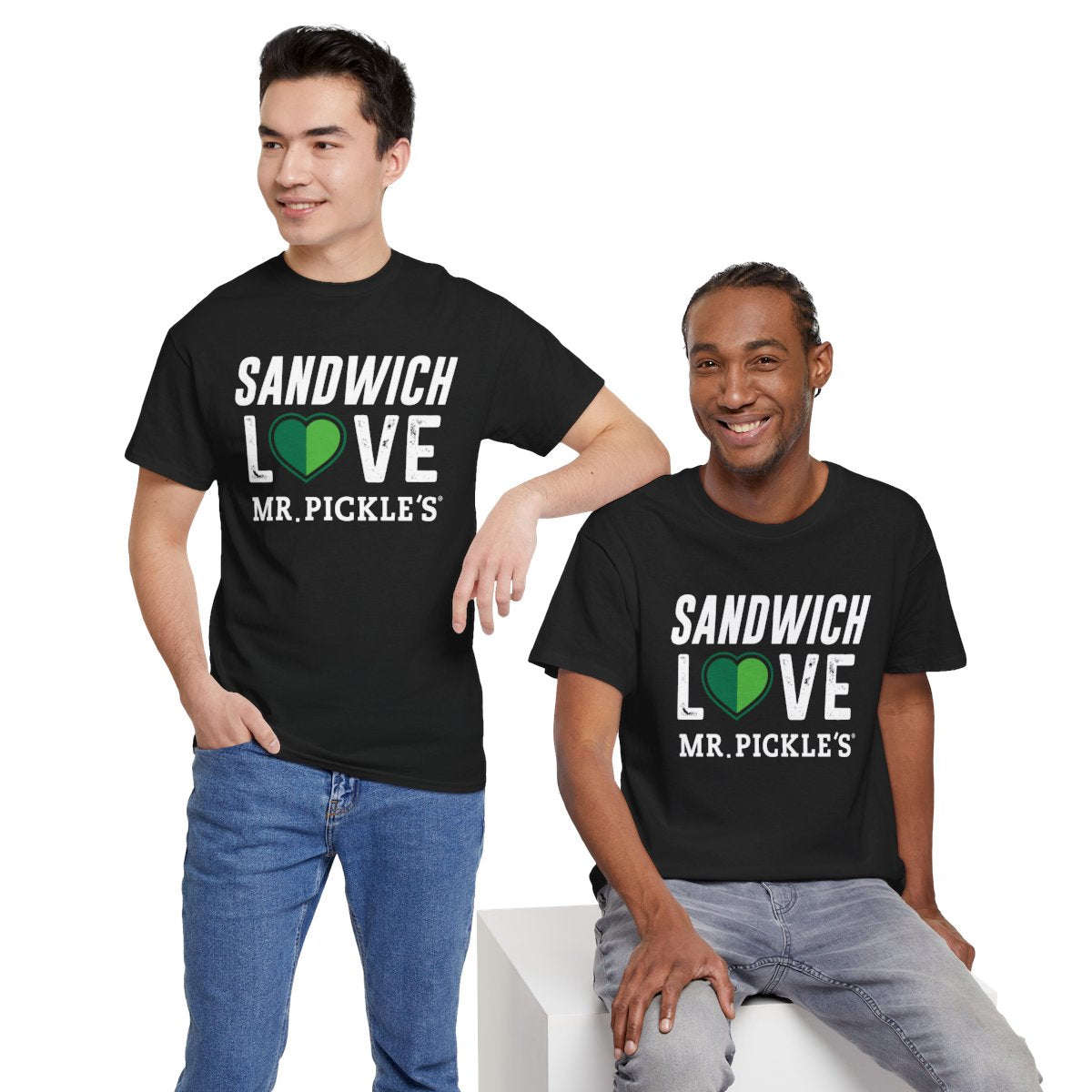 Two people wearing black t-shirts with 'Sandwich Love Mr. Pickle's' text and a green heart symbol.