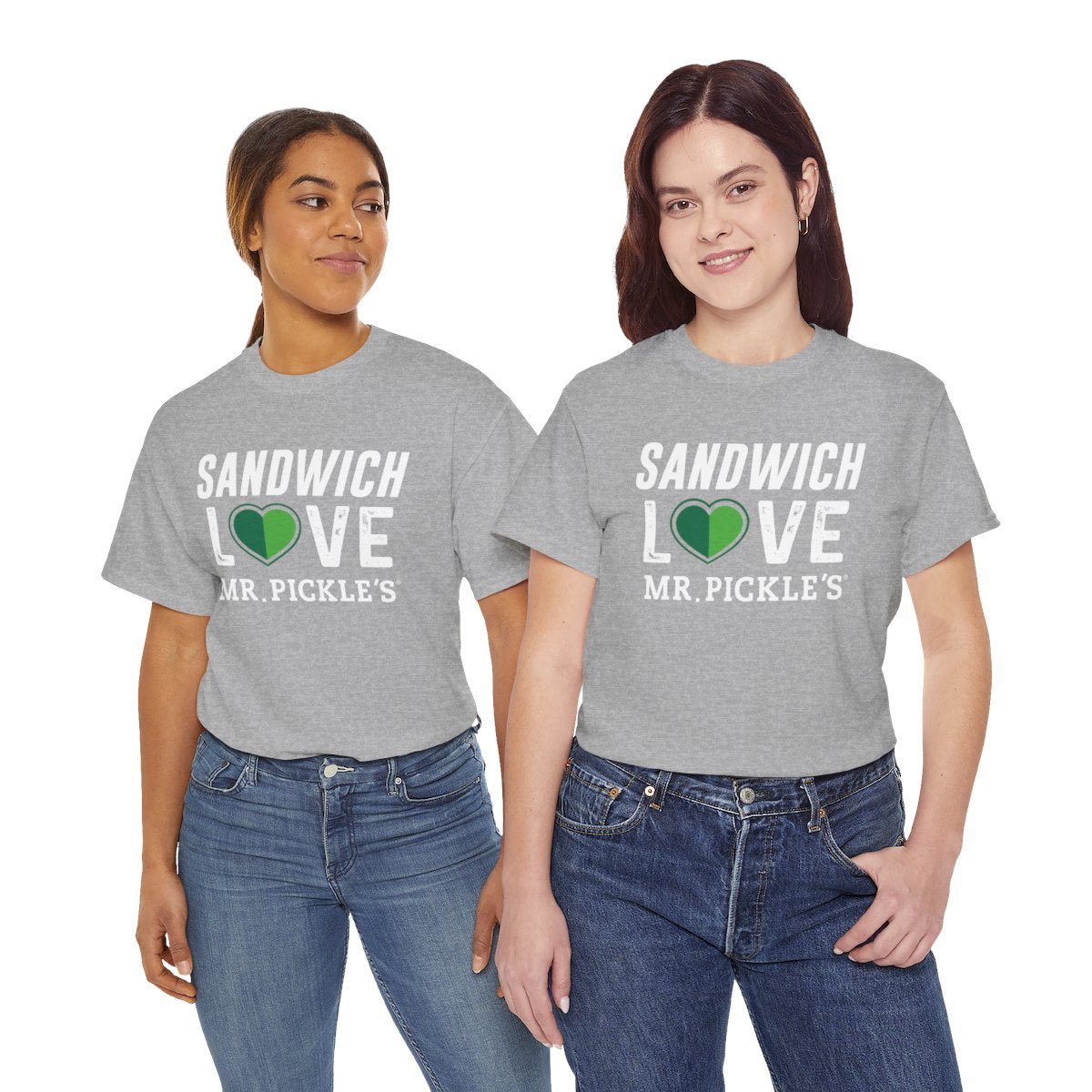 Two people wearing gray t-shirts with 'Sandwich Love Mr. Pickle's' text and a green heart symbol.