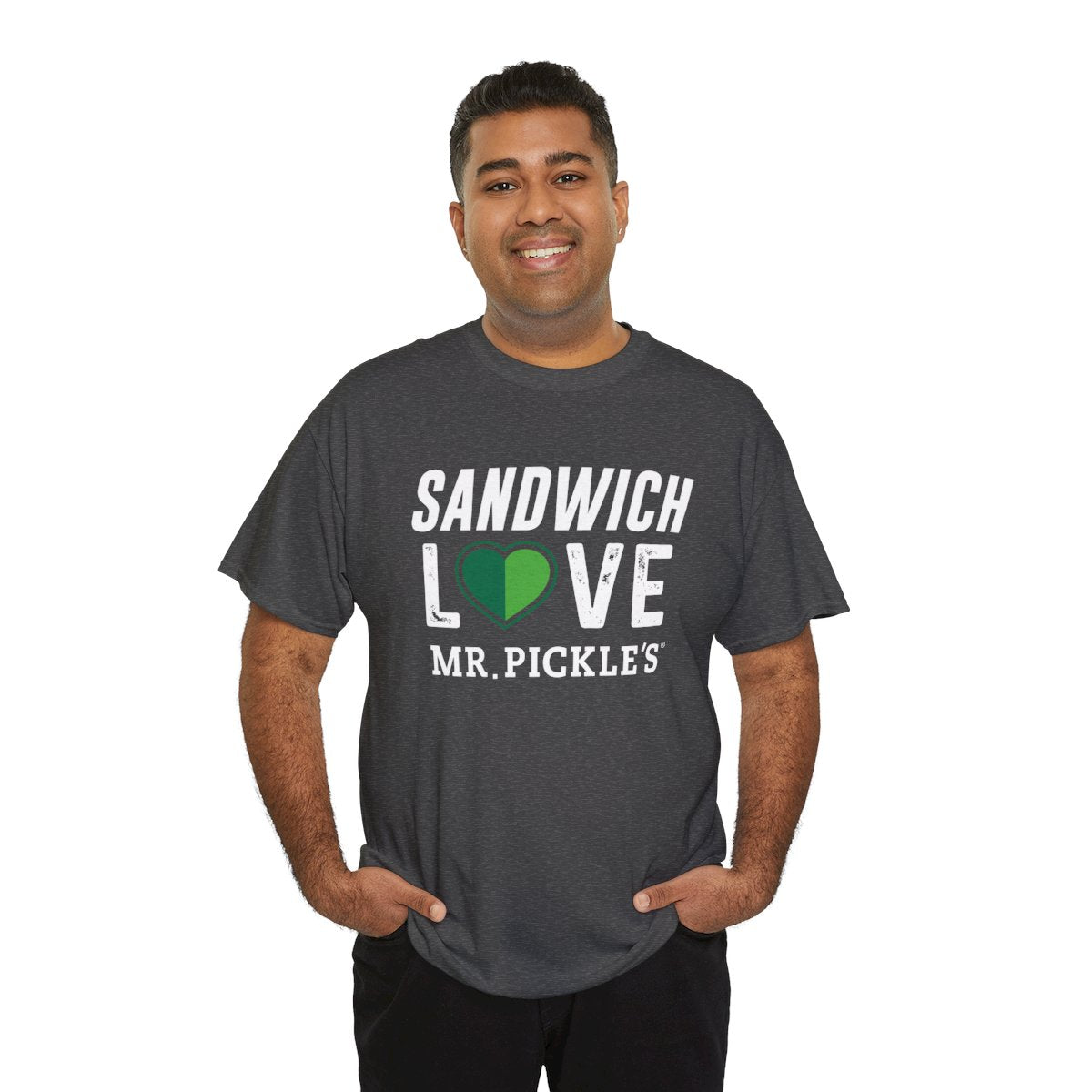 Man wearing a dark gray t-shirt with 'Sandwich Love Mr. Pickle's' text on a white background