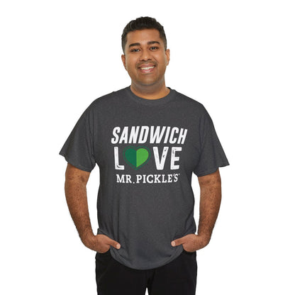 Man wearing a dark gray t-shirt with 'Sandwich Love Mr. Pickle's' text on a white background