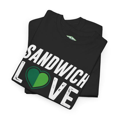 Black t-shirt with 'Sandwich Love' text and green heart on a white background