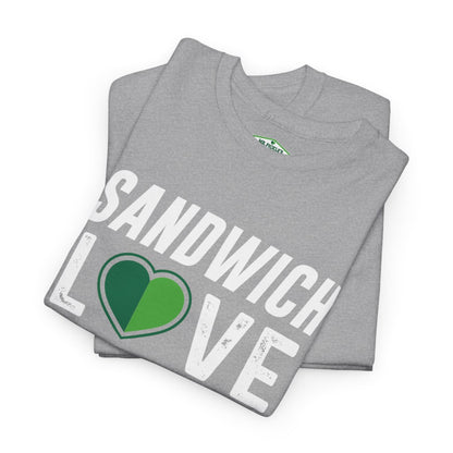 Folded gray t-shirt with 'Sandwich Love' text and green heart graphic on a white background