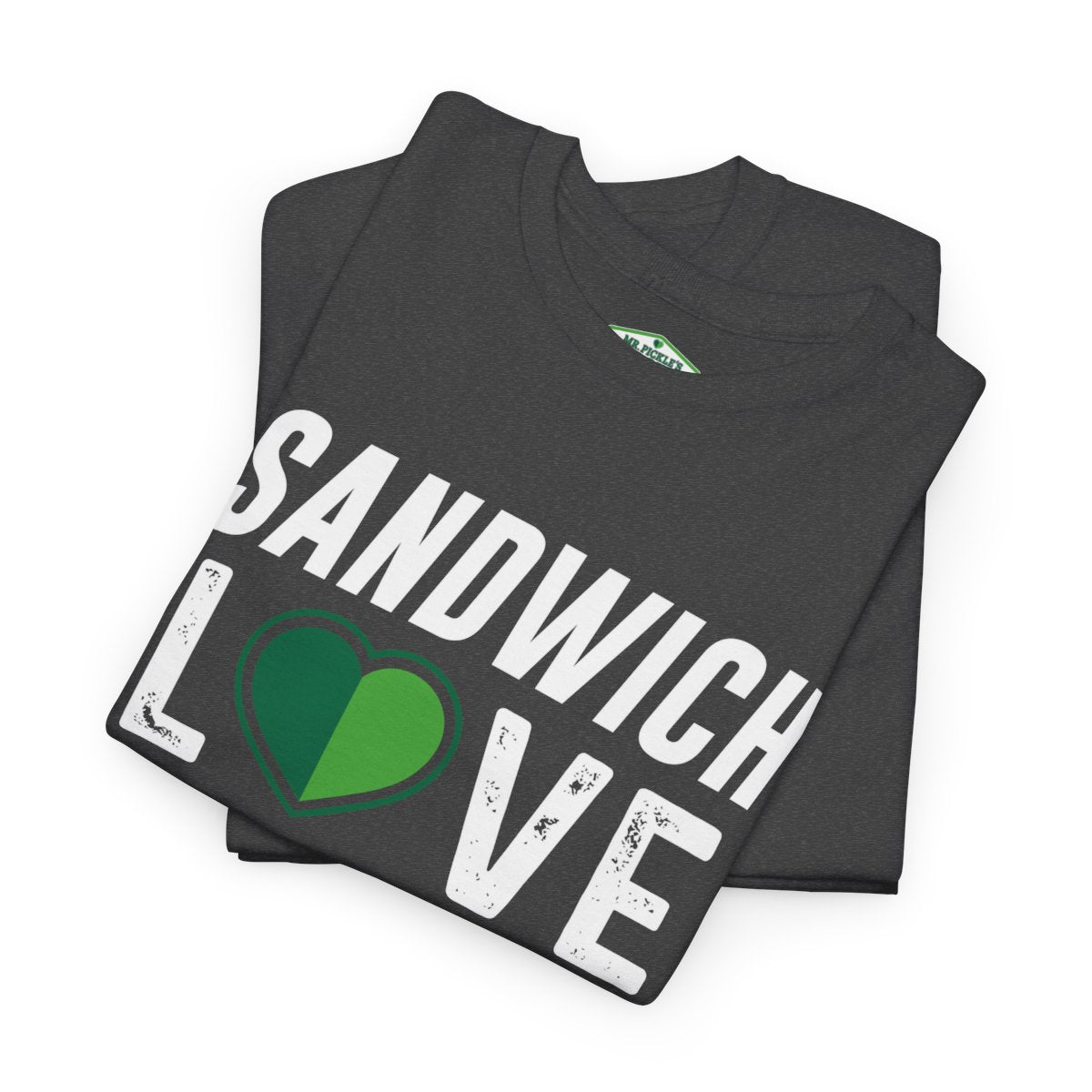 Folded t-shirt with 'Sandwich Love' text and green heart graphic on a white background
