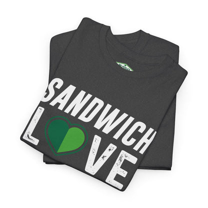 Folded t-shirt with 'Sandwich Love' text and green heart graphic on a white background