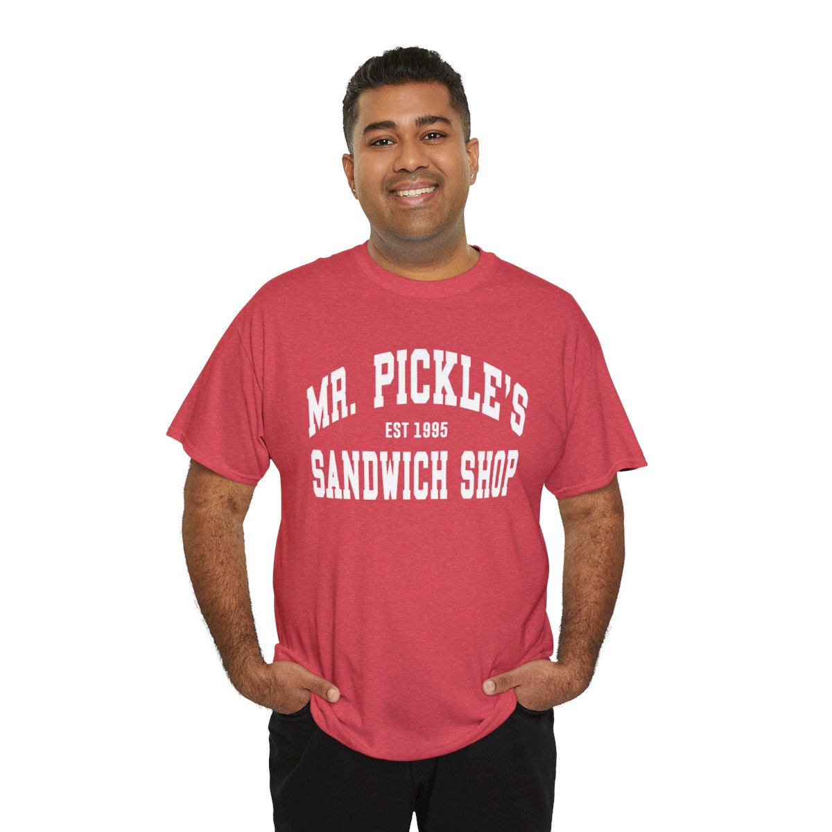 Man wearing a red t-shirt with 'Mr. Pickle's Sandwich Shop' text on a white background