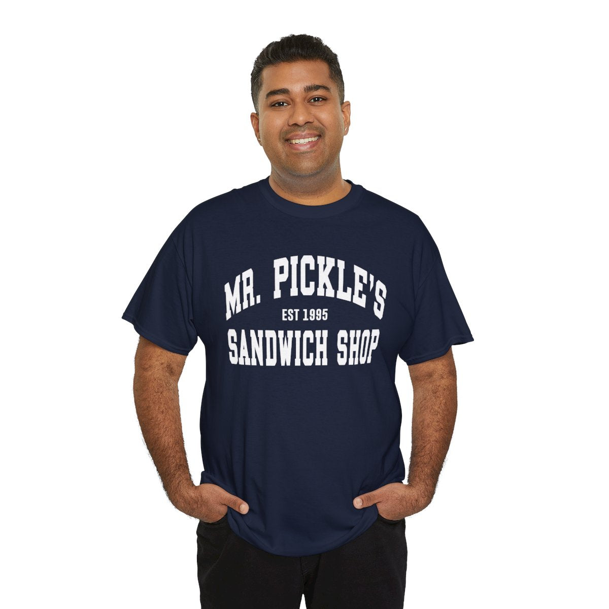 Man wearing a navy blue t-shirt with 'Mr. Pickle's Sandwich Shop' text on a white background