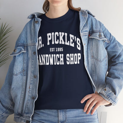 Person wearing a navy blue t-shirt with 'H.R. Pickle's Sandwich Shop' text, paired with a denim jacket.