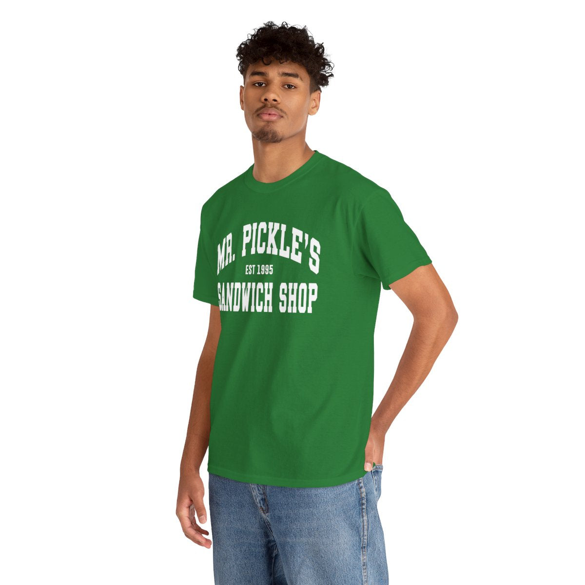 Person wearing a green t-shirt with 'Mr. Pickle's Sandwich Shop' text on a white background
