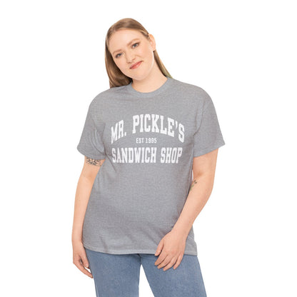 Person wearing a gray t-shirt with 'Mr. Pickle's Sandwich Shop' text on a white background
